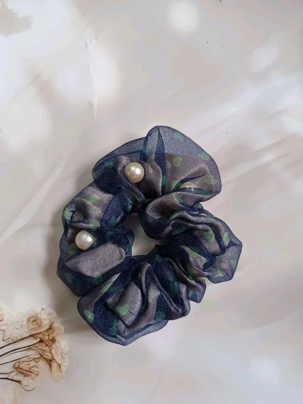 Premium Scrunchie With Double Layer Of Cloths and With Beads - Blue