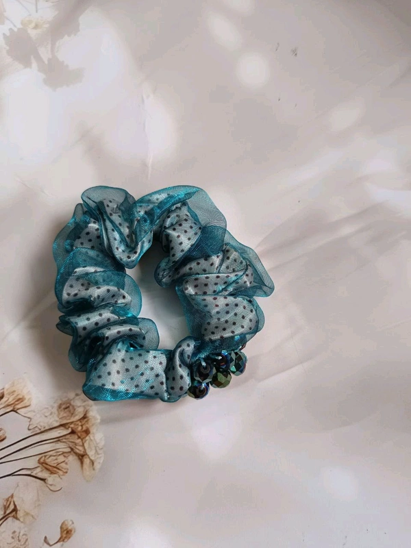 Imported Premium Scrunchie With Two Layer Of Cloths And Beads Work  - Blue 1