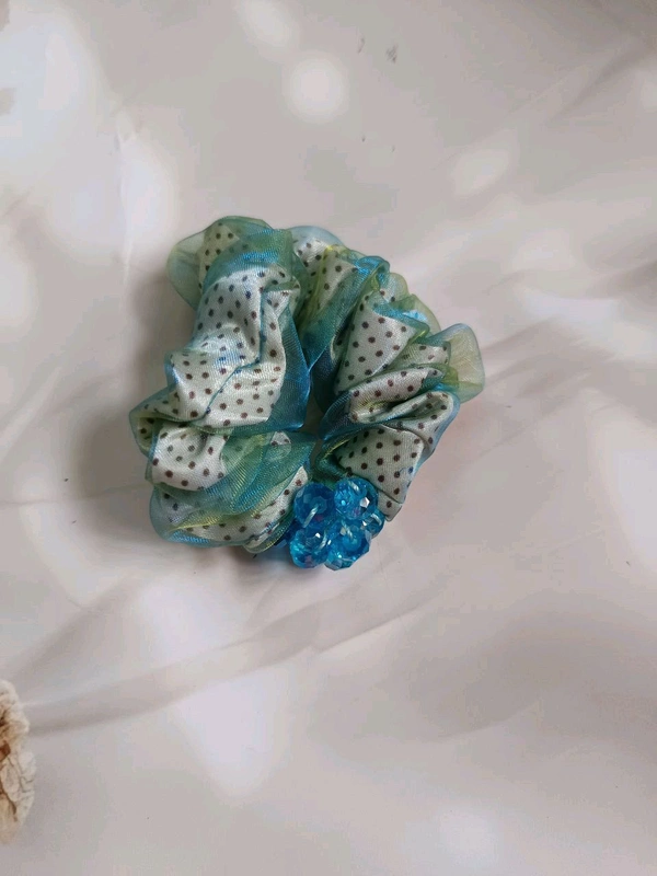 Imported Premium Scrunchie With Two Layer Of Cloths And Beads Work  - Blue 2