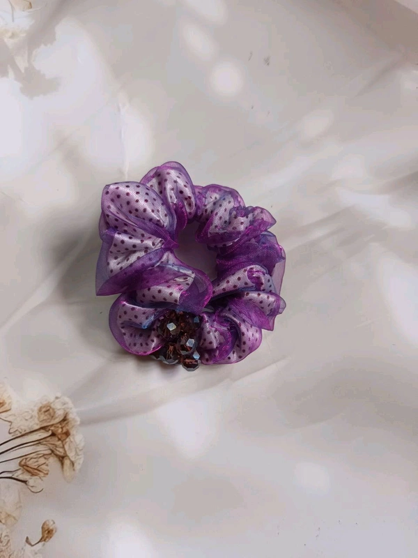 Imported Premium Scrunchie With Two Layer Of Cloths And Beads Work  - Violot