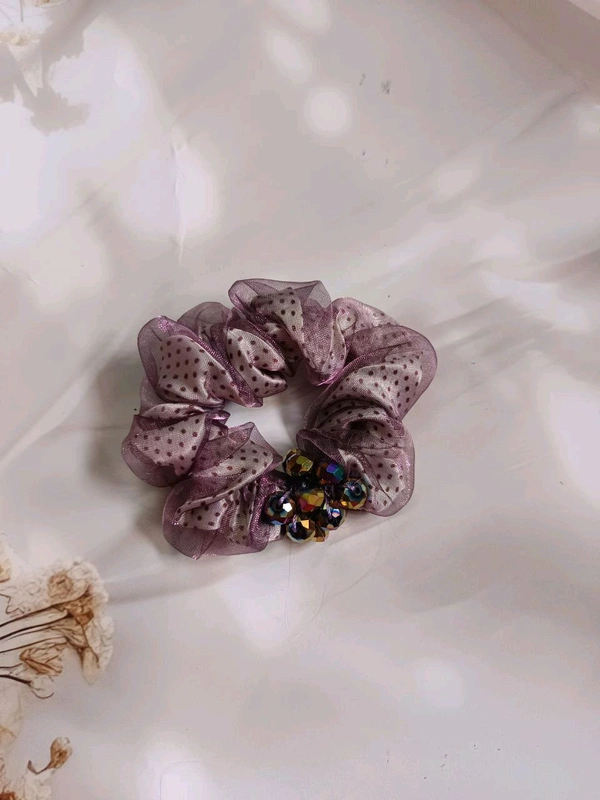 Imported Premium Scrunchie With Two Layer Of Cloths And Beads Work  - Lavender