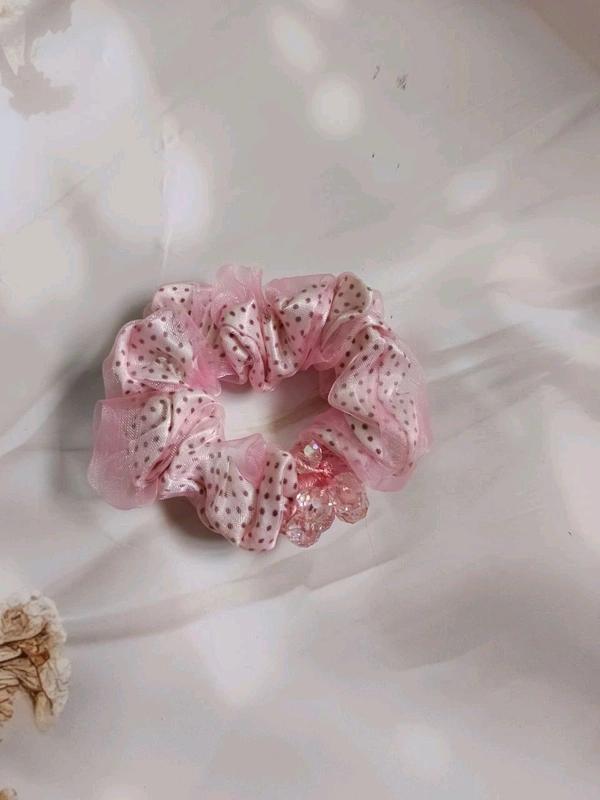 Imported Premium Scrunchie With Two Layer Of Cloths And Beads Work  - Pink