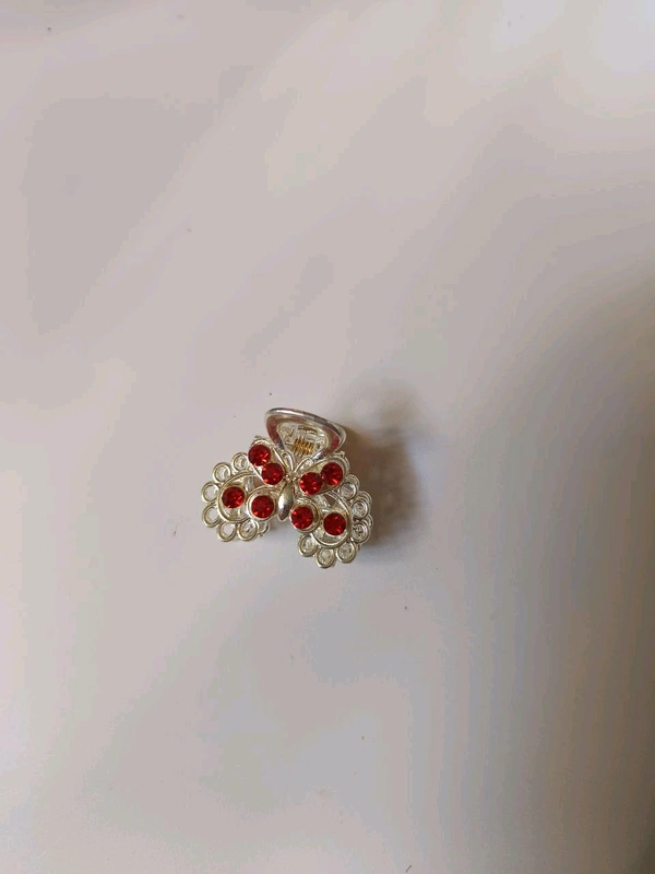 Mini Silver Stone Metal Hair Claw - Red