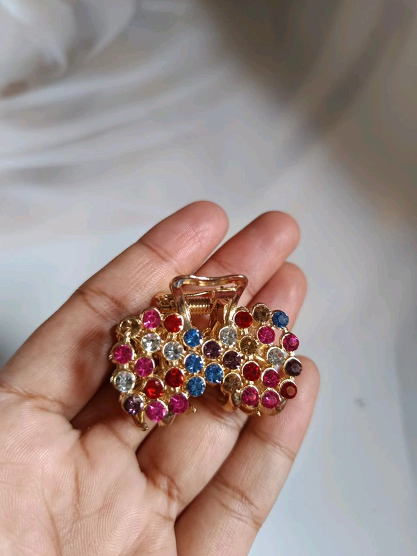Golden Metal Multicolor Stone Hair Claw