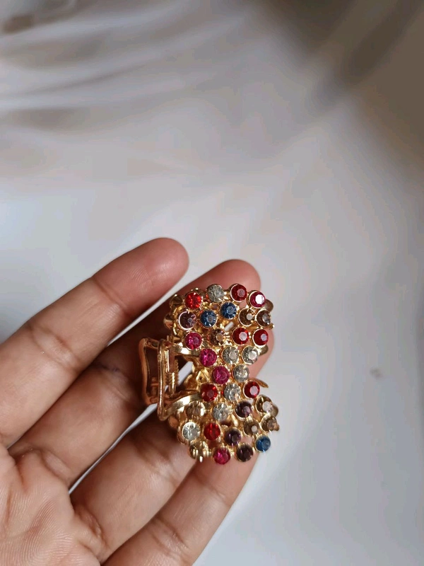 Golden Metal Multicolor Stone Hair Claw