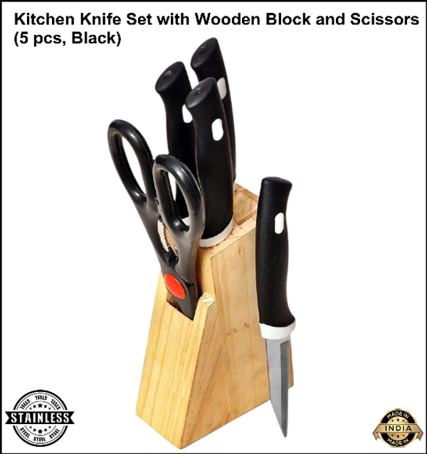 Kitchen Knife Set with Wooden Block and Scissors, Knife Set for Kitchen with Stand, Knife Set for Kitchen use, Knife Holder for Kitchen with Knife 5-Pieces (Black)