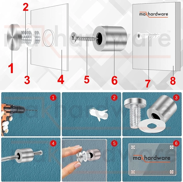 MAK HARDWARE STAINLESS STEEL (25mm Rod Thickness) SPACERS MOUNT STAND OFF BOLTS SCREWS S.S. STUDS FOR GLASS/ACRYLIC SHEETS DESIGNER SHEETS - - 25mm*25mm/ 1inch.*1inch.