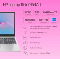 Hp HP 15, AMD Ryzen 3 7320U (8GB LPDDR5, 512GB SSD) FHD, Anti-Glare, Micro-Edge, 15.6"/39.6cm, Win 11, Office 21, Silver, 1.59kg, fc0154AU, AMD Radeon Graphics, 1080p FHD Camera Laptop