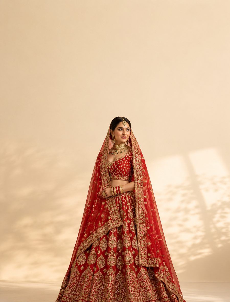 Bride in a red bandhej bridal lehenga with gold gota work