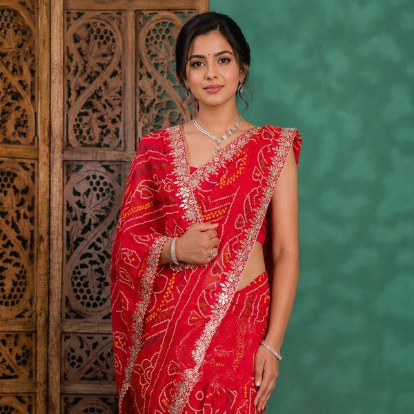 Purvastra customer in red bandhej saree