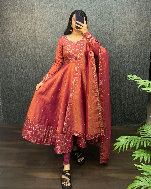 Nila - Banarasi Anarkali Gown - XL, Rust Orange