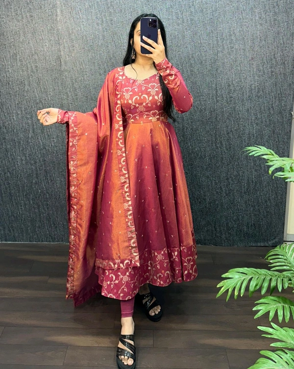 Nila - Banarasi Anarkali Gown - XL, Rust Orange