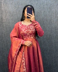 Nila - Banarasi Anarkali Gown - XL, Rust Orange