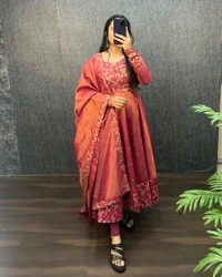 Nila - Banarasi Anarkali Gown - XL, Rust Orange