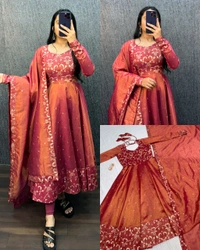 Nila - Banarasi Anarkali Gown - 2XL, Rust Orange