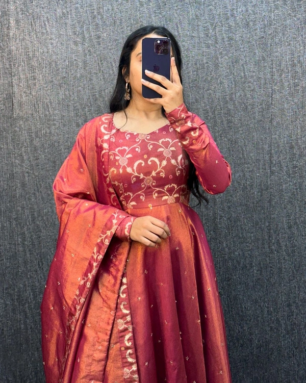 Nila - Banarasi Anarkali Gown - 2XL, Rust Orange