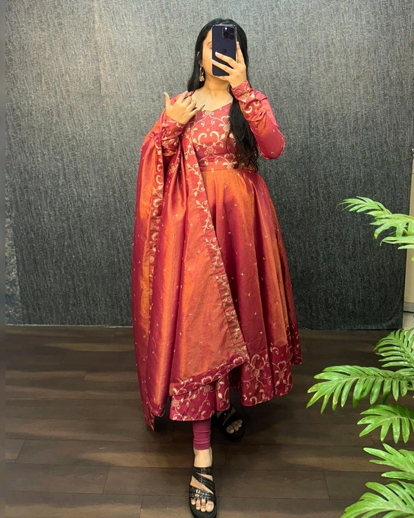 Nila - Banarasi Anarkali Gown - 3XL, Rust Orange