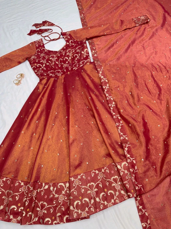 Nila - Banarasi Anarkali Gown - 3XL, Rust Orange