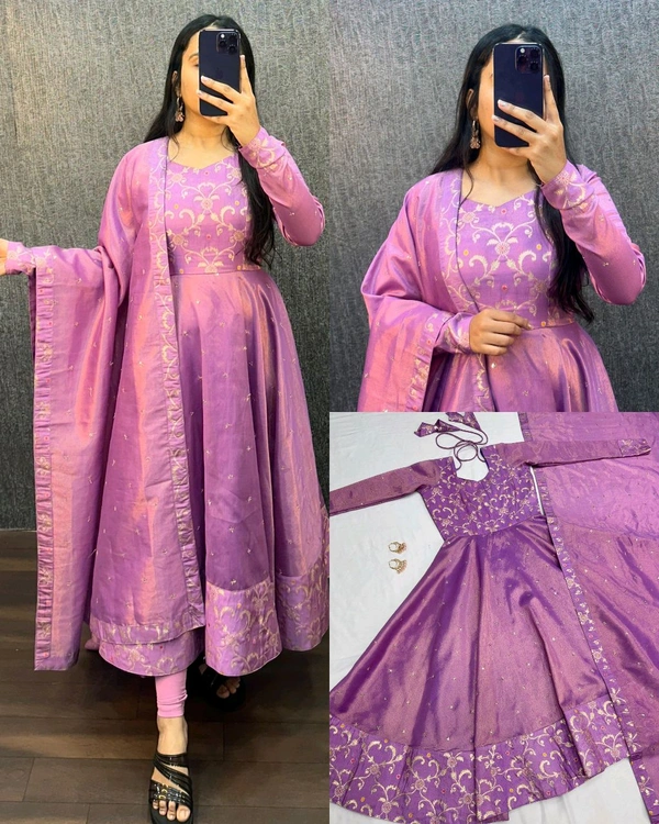 Nila - Banarasi Anarkali Gown - XL, Lavender Rose