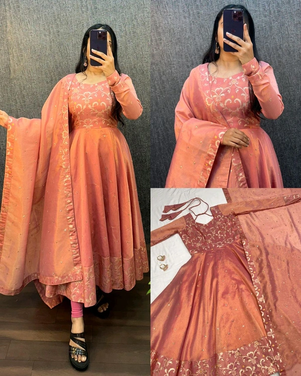 Nila - Banarasi Anarkali Gown - L, Peach
