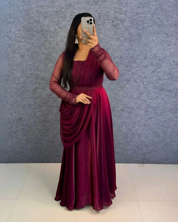 Minmmini - Party Wear Draping Style Gown ✨ - S, Wine