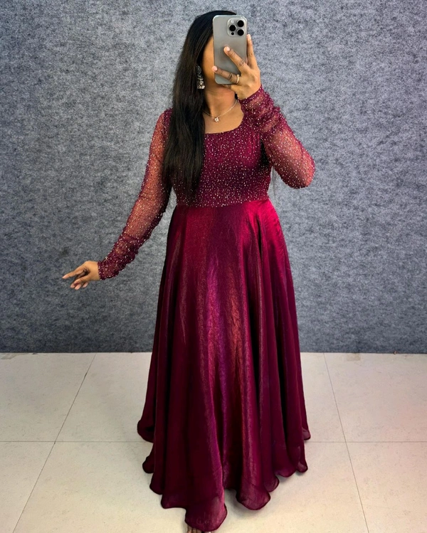 Minmmini - Party Wear Draping Style Gown ✨ - L, Wine