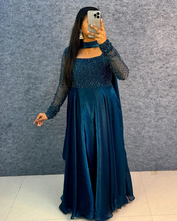 Minmmini - Party Wear Draping Style Gown ✨ - 3XL, Peacock Blue