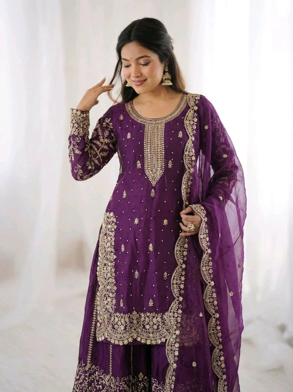 Sameera - Heavy Embroidery Sequence Work Top, Bottom & Dupatta Set - L, Violet
