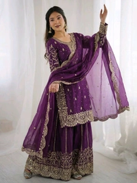 Sameera - Heavy Embroidery Sequence Work Top, Bottom & Dupatta Set - L, Violet