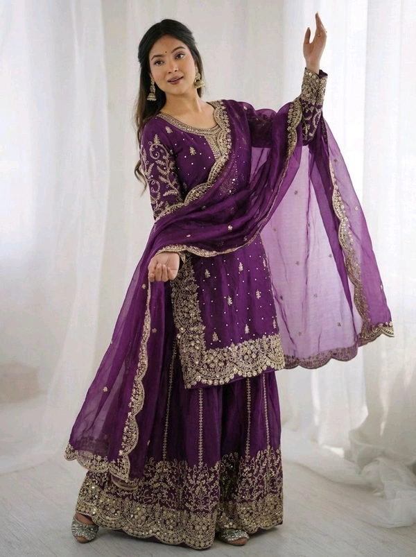 Sameera - Heavy Embroidery Sequence Work Top, Bottom & Dupatta Set - L, Violet