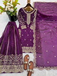 Sameera - Heavy Embroidery Sequence Work Top, Bottom & Dupatta Set - L, Violet