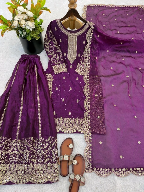Sameera - Heavy Embroidery Sequence Work Top, Bottom & Dupatta Set - L, Violet