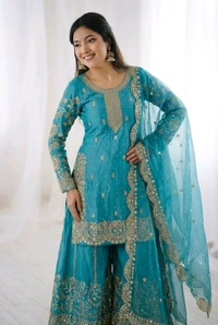 Sameera - Heavy Embroidery Sequence Work Top, Bottom & Dupatta Set - L, Turkish Blue