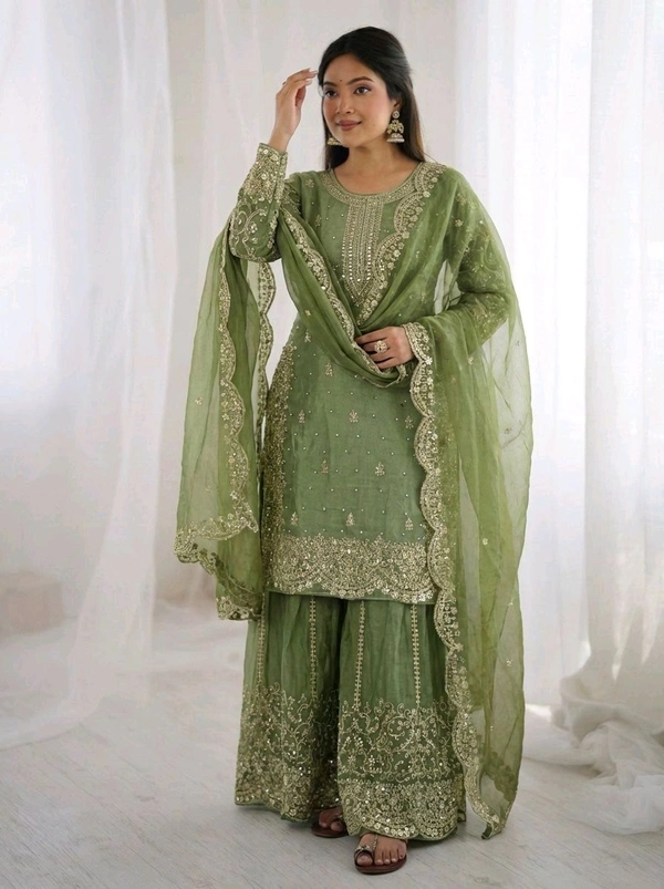 Sameera - Heavy Embroidery Sequence Work Top, Bottom & Dupatta Set - XL, Green