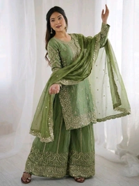 Sameera - Heavy Embroidery Sequence Work Top, Bottom & Dupatta Set - XL, Green