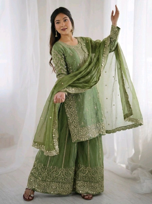 Sameera - Heavy Embroidery Sequence Work Top, Bottom & Dupatta Set - XL, Green