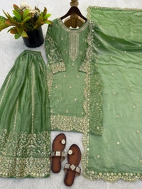 Sameera - Heavy Embroidery Sequence Work Top, Bottom & Dupatta Set - XL, Green