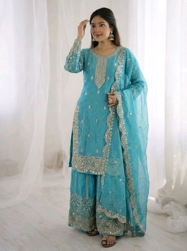 Sameera - Heavy Embroidery Sequence Work Top, Bottom & Dupatta Set - XL, Turkish Blue