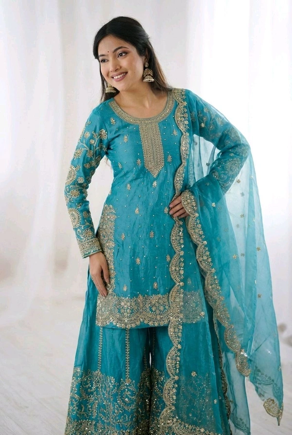 Sameera - Heavy Embroidery Sequence Work Top, Bottom & Dupatta Set - XL, Turkish Blue