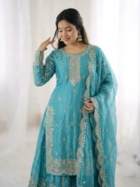 Sameera - Heavy Embroidery Sequence Work Top, Bottom & Dupatta Set - XL, Turkish Blue