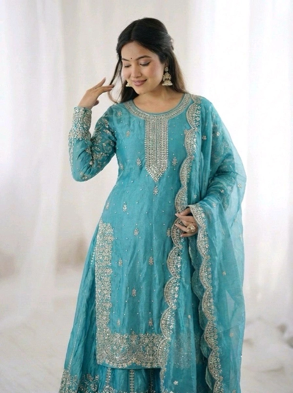 Sameera - Heavy Embroidery Sequence Work Top, Bottom & Dupatta Set - XL, Turkish Blue