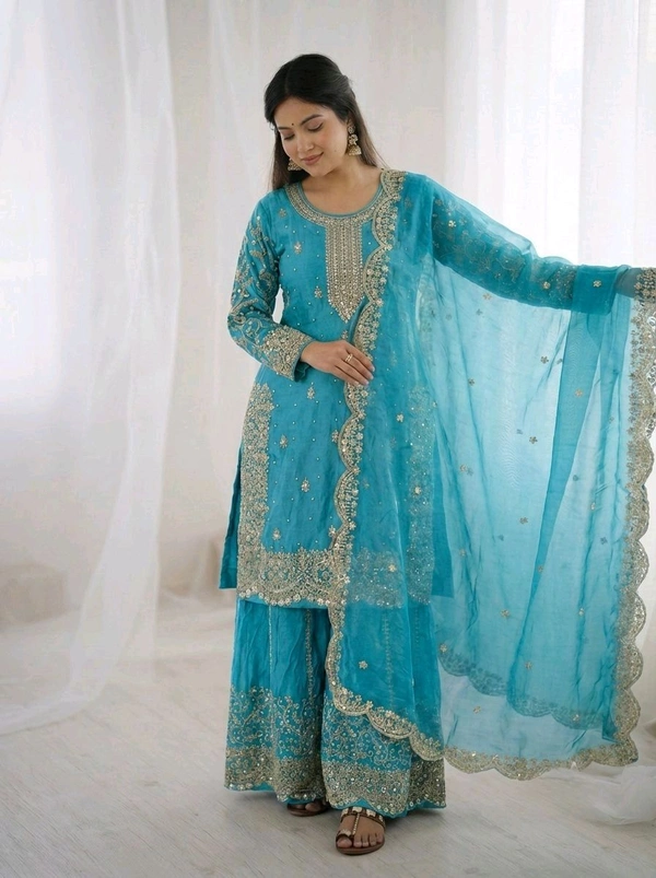 Sameera - Heavy Embroidery Sequence Work Top, Bottom & Dupatta Set - XL, Turkish Blue