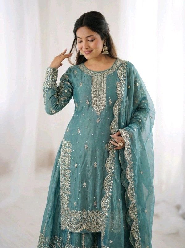 Sameera - Heavy Embroidery Sequence Work Top, Bottom & Dupatta Set - XL, Teal Blue