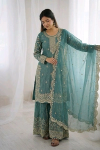 Sameera - Heavy Embroidery Sequence Work Top, Bottom & Dupatta Set - XL, Teal Blue