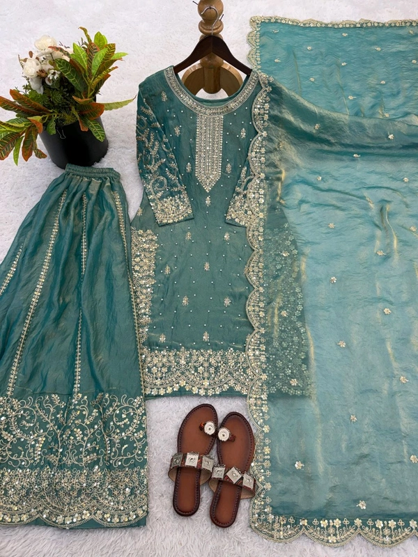 Sameera - Heavy Embroidery Sequence Work Top, Bottom & Dupatta Set - XL, Teal Blue