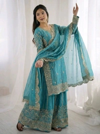 Sameera - Heavy Embroidery Sequence Work Top, Bottom & Dupatta Set - 2XL, Turkish Blue