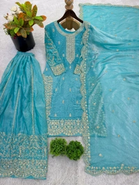 Sameera - Heavy Embroidery Sequence Work Top, Bottom & Dupatta Set - 2XL, Turkish Blue