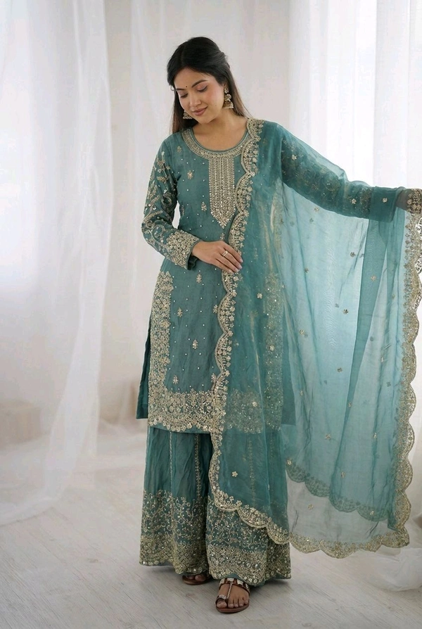 Sameera - Heavy Embroidery Sequence Work Top, Bottom & Dupatta Set - 2XL, Teal Blue