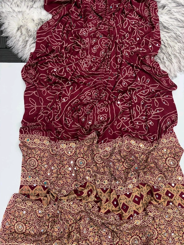 Pure Ajrakh Satin Viscose Silk Saree with Mirror Work - Red
