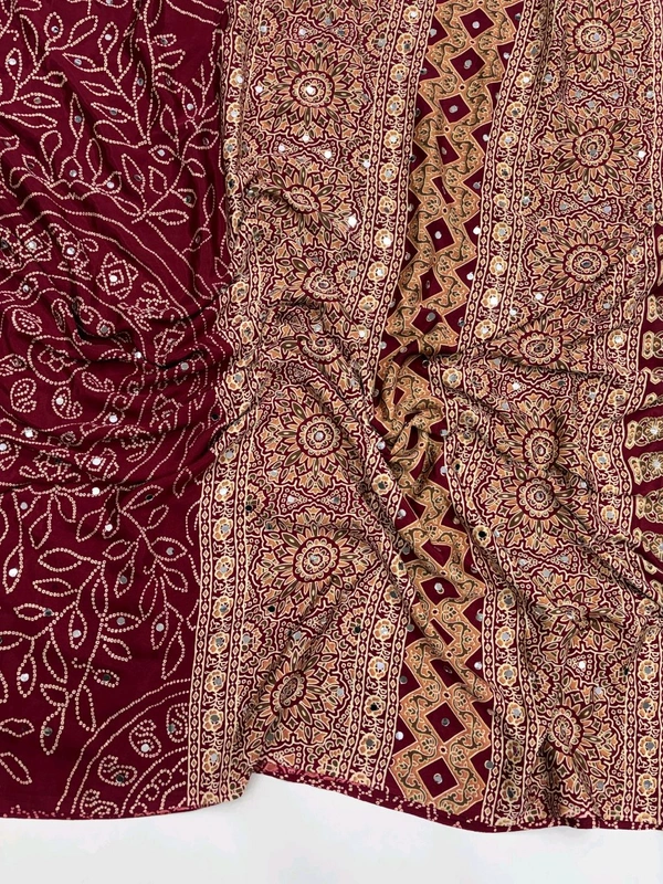 Pure Ajrakh Satin Viscose Silk Saree with Mirror Work - Red